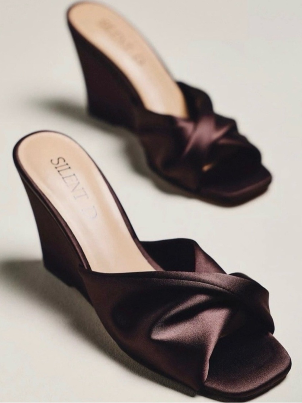 Brown Satin Wedge Slide Sandals